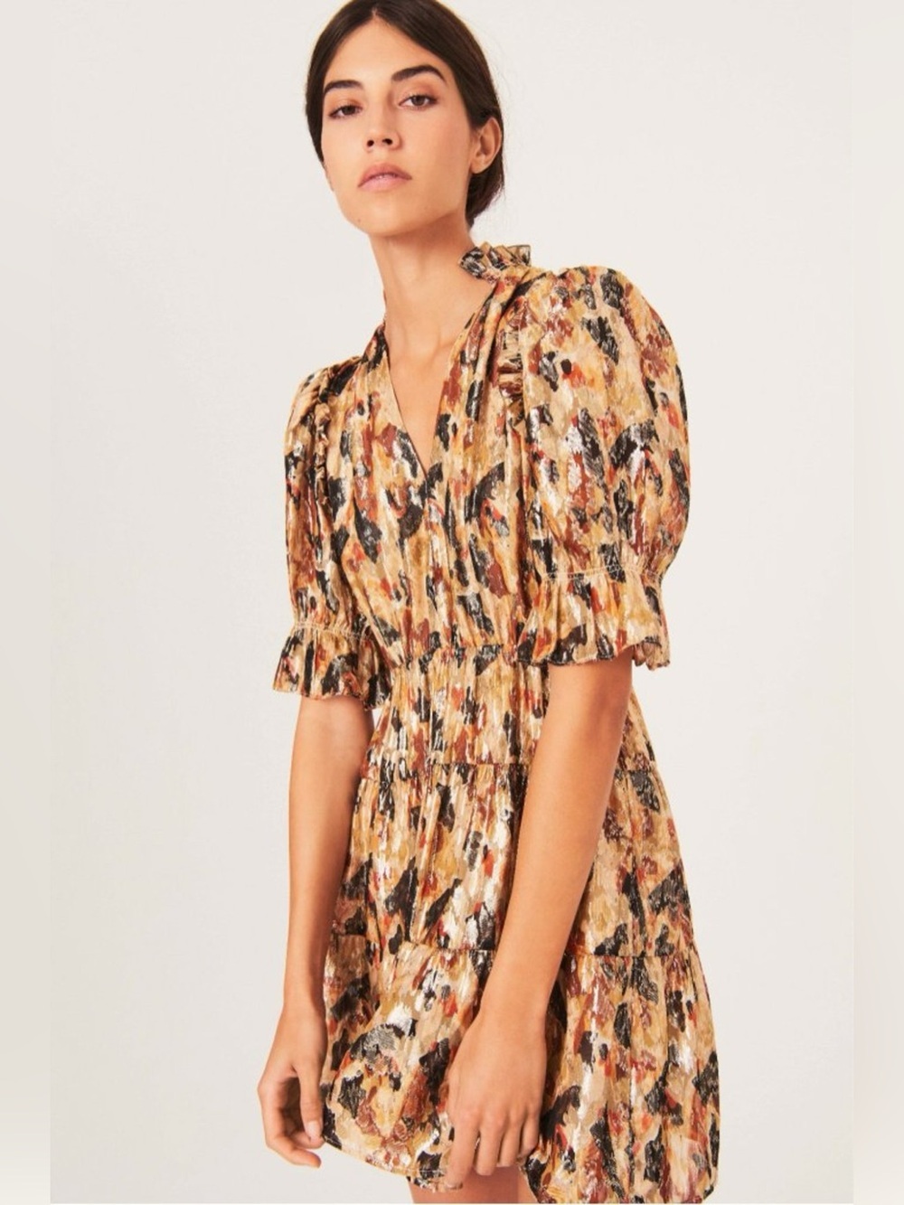 BA&SH Gloria Metallic Silk Mini Dress Ochre Gold Ruffle Party Dress M NWT
